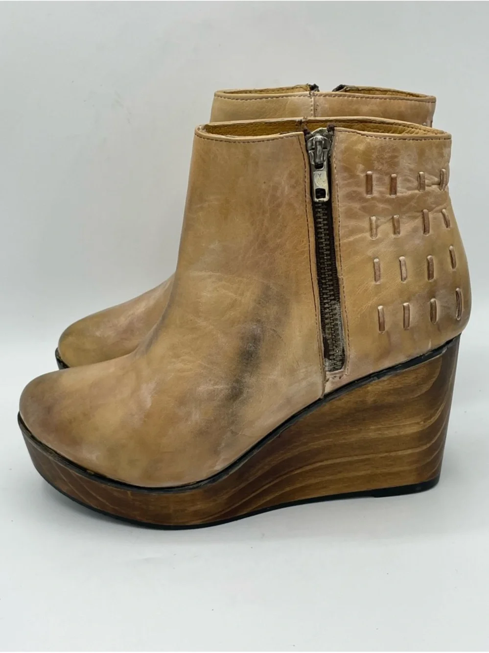 BED|STU Cobbler Series Tan Distressed Leather Wedge Ankle Boots NWT